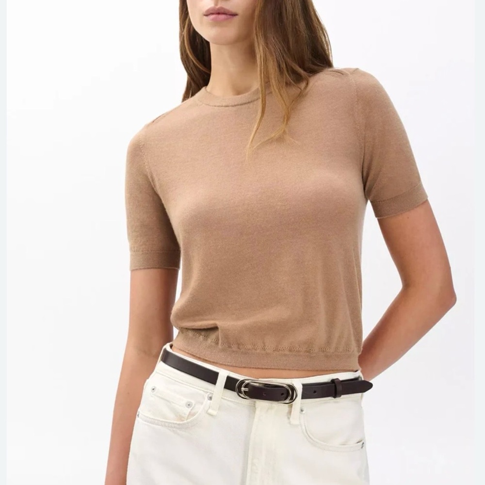 Ralph Lauren Short-Sleeve Cropped Knit Top in Camel